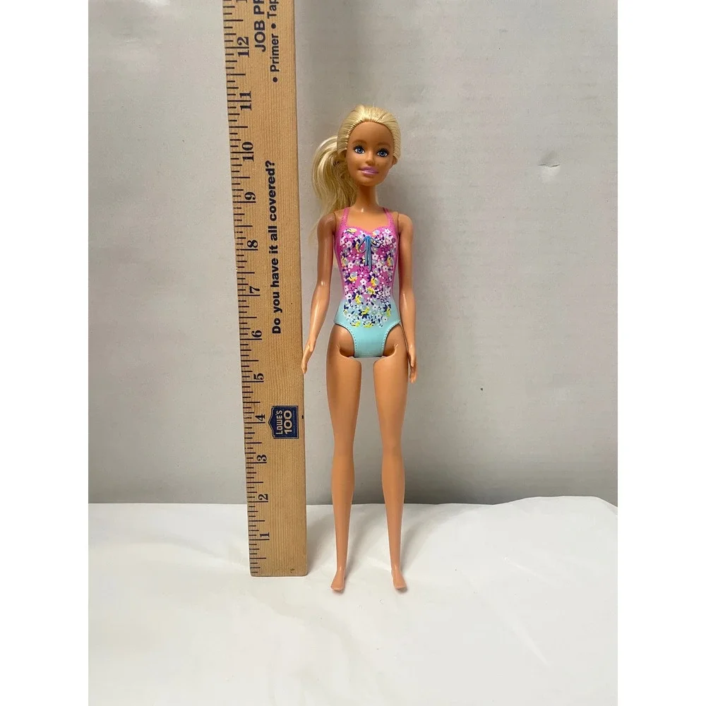 Mattel Barbie Doll 2019 Molded Pink Floral Swimsuit Blonde Hair Blue Eyes 11.5in